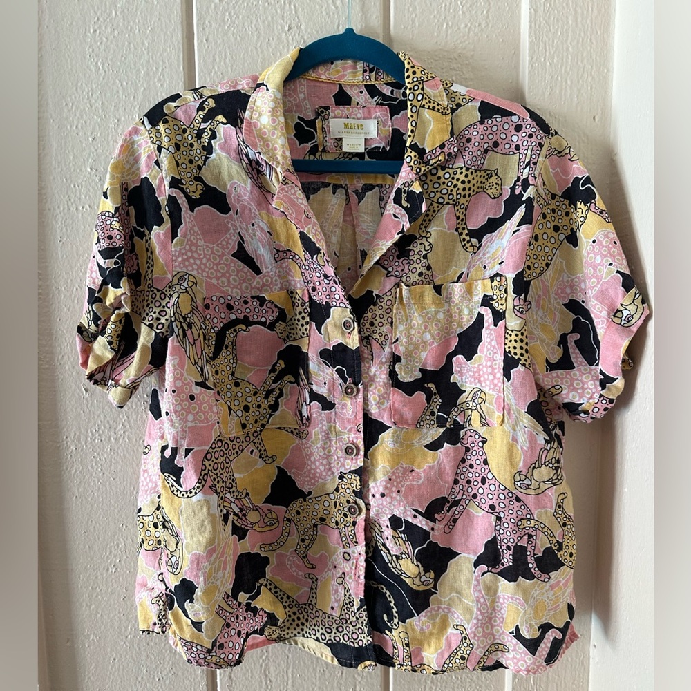 WOW! GREAT! ANTHROPOLOGIE LINEN SHIRT SLEEVE PRINT BUTTON DOWN TOP M